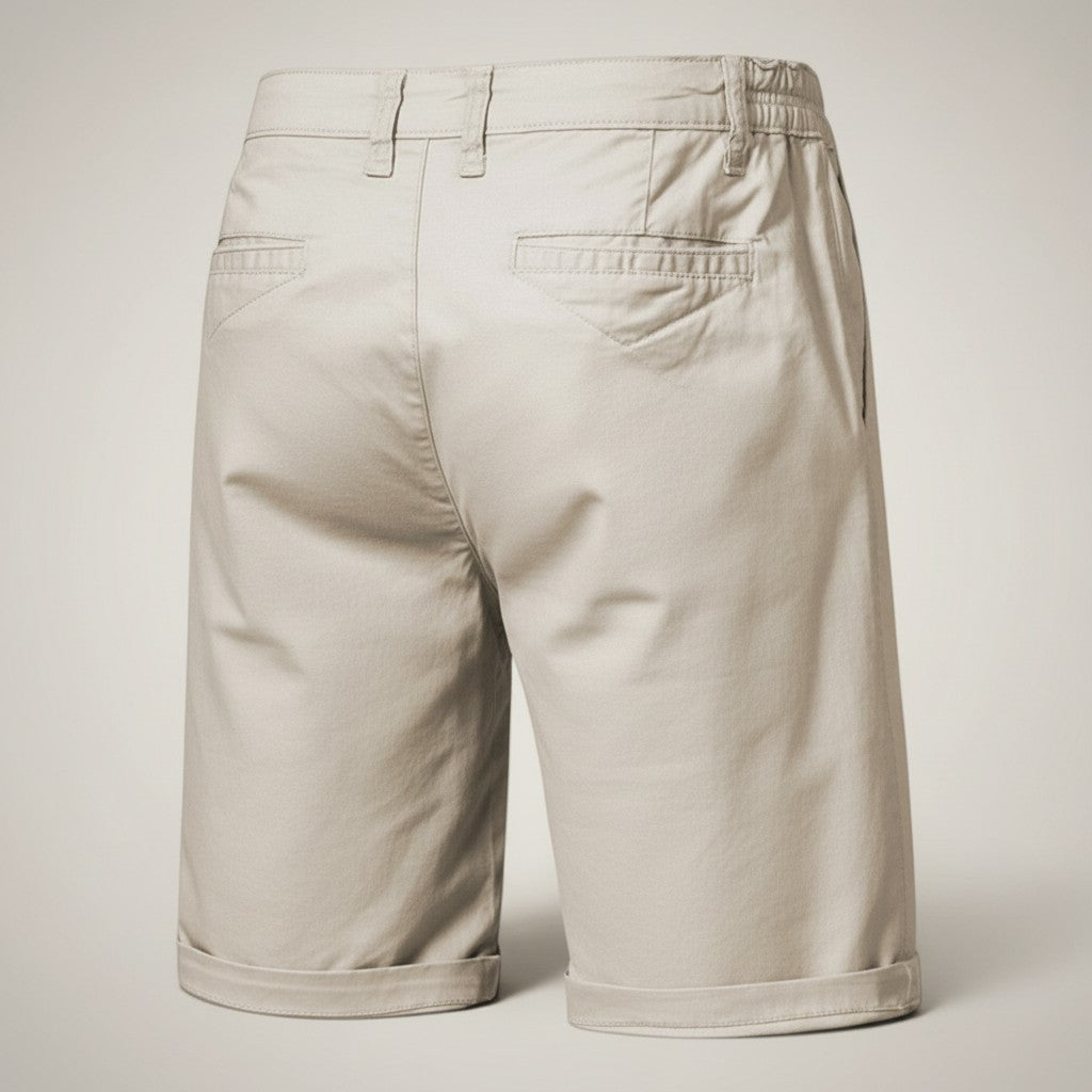 Silvorne men's beige cotton chino shorts with a relaxed fit and elastic waist detail.