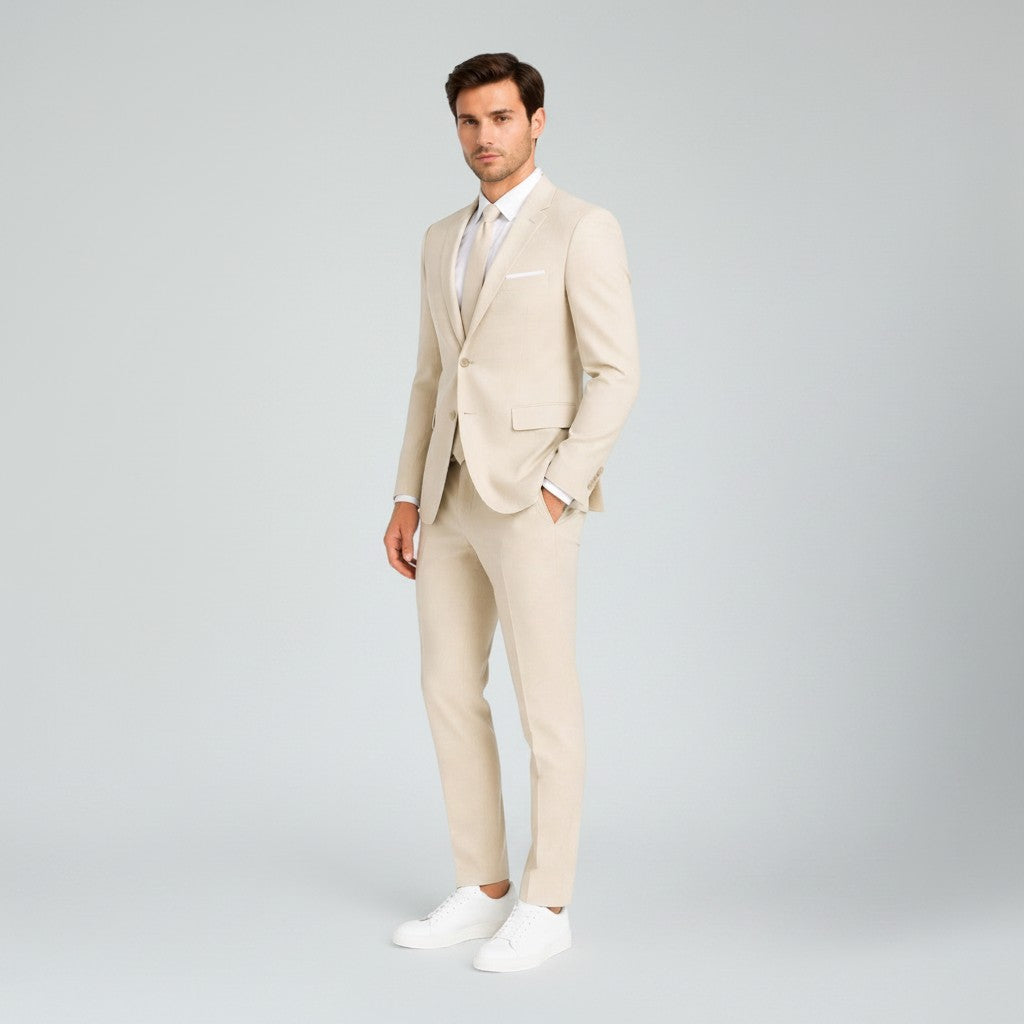 Silvorne men's slim fit beige linen suit with a white shirt and tie, ideal for weddings and formal events.