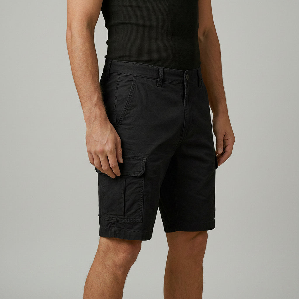 Silvorne men's black cotton cargo shorts with multiple pockets and adjustable waistband, ideal for outdoor activities.
