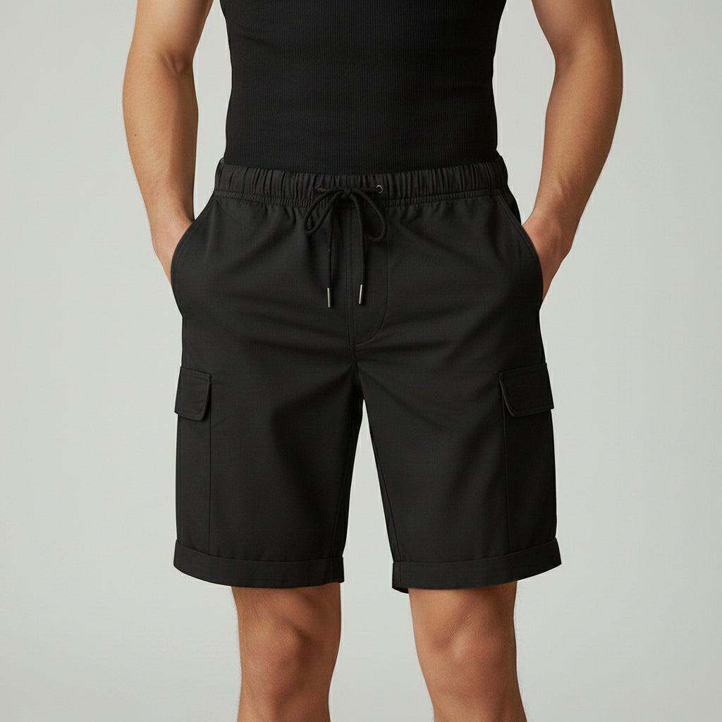 Silvorne men's black cargo shorts with drawstring waist, side pockets, and turned-up hems.