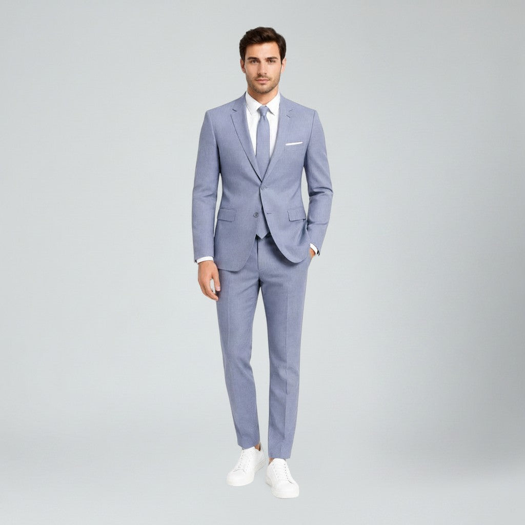 Silvorne men's light blue slim fit linen suit with white shirt and tie. Ideal for weddings and formal events.