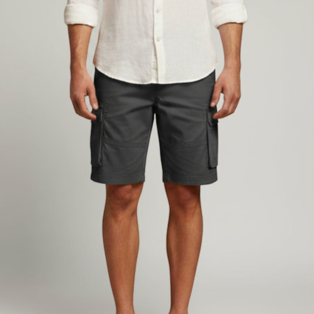 Silvorne men's charcoal grey cargo shorts with flap pockets, belt loops, and knee-length fit.