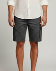 Silvorne men's charcoal grey cargo shorts with flap pockets, belt loops, and knee-length fit.