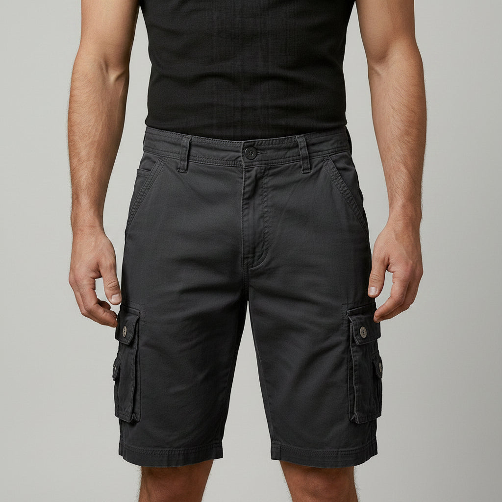 Silvorne men's dark grey cotton cargo shorts with elasticated waist, button fastening, and multiple flap pockets.