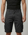 Silvorne men's dark grey cotton cargo shorts with elasticated waist, button fastening, and multiple flap pockets.