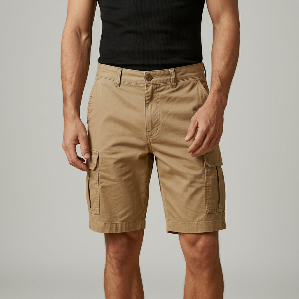 Silvorne men's tan cargo shorts with multiple pockets and adjustable waistband. Lightweight fabric for warm weather.