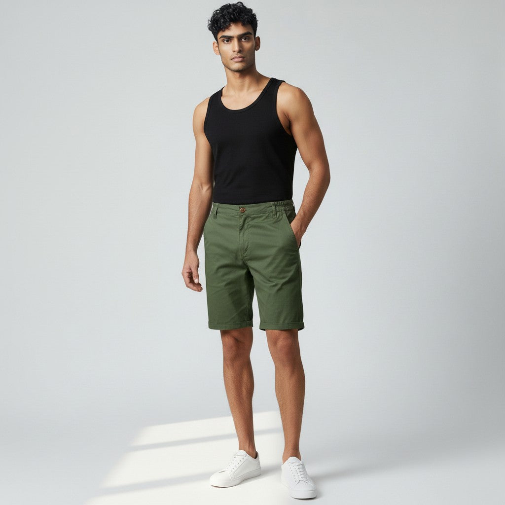 Silvorne men's olive green cotton chino shorts with a relaxed fit and elastic waist detail.
