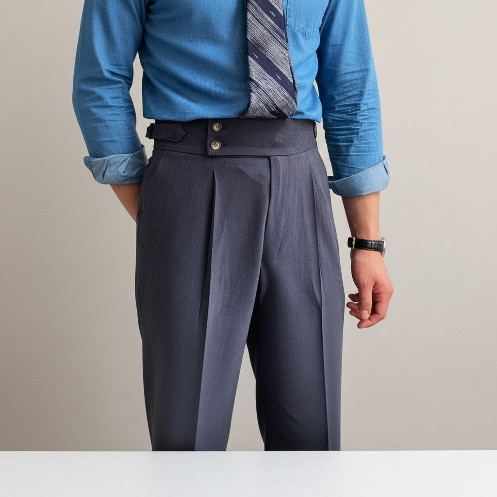 Silvorne men's charcoal grey high-waist straight-leg draped trousers with double button closure and pleats.