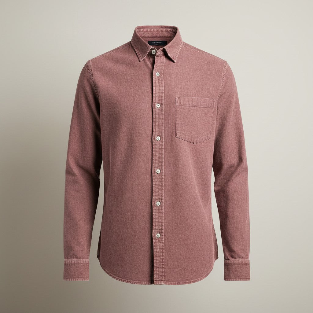 Silvorne men's dusty rose long-sleeve slim-fit button-up shirt with turn-down collar and chest pocket.