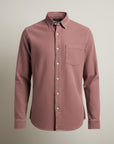 Silvorne men's dusty rose long-sleeve slim-fit button-up shirt with turn-down collar and chest pocket.