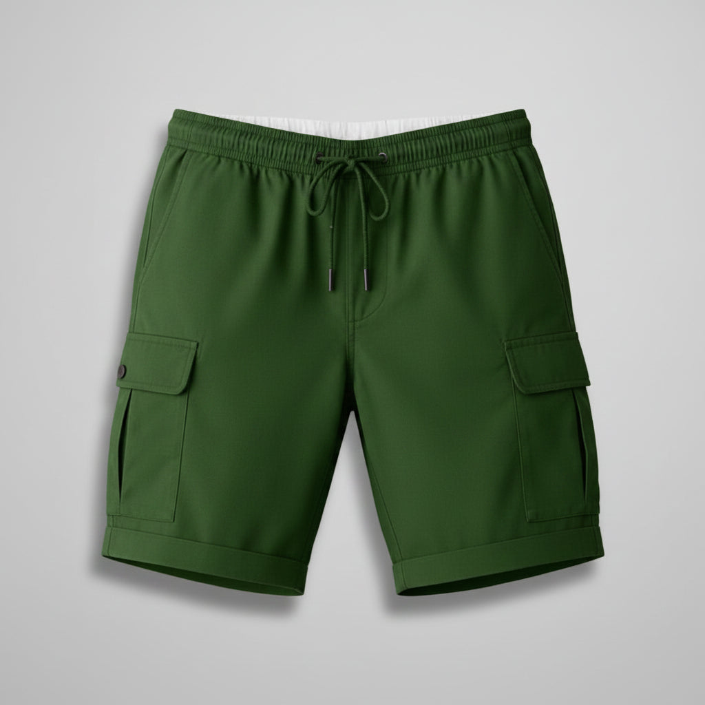 Silvorne Men's dark green cargo shorts with drawstring waist, side pockets, and turned-up hems. Lightweight and breathable for summer.