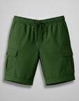 Silvorne Men's dark green cargo shorts with drawstring waist, side pockets, and turned-up hems. Lightweight and breathable for summer.