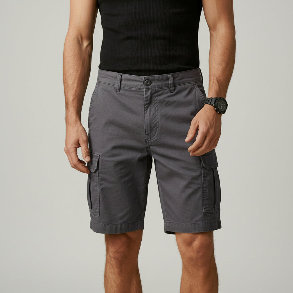 Silvorne men's charcoal grey cotton cargo shorts with multiple pockets and adjustable waistband.