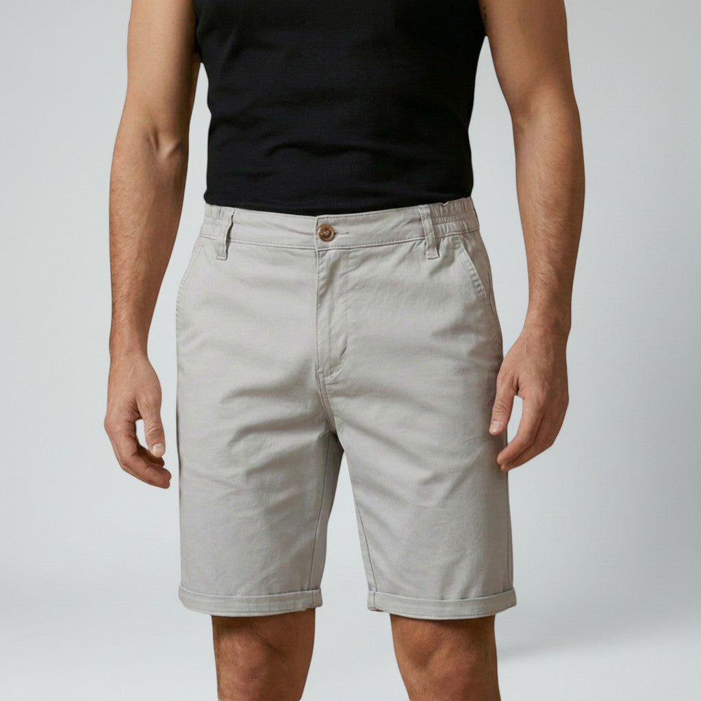 Silvorne men's light grey cotton chino shorts with a relaxed fit and elastic waist detail. Casual summer style.
