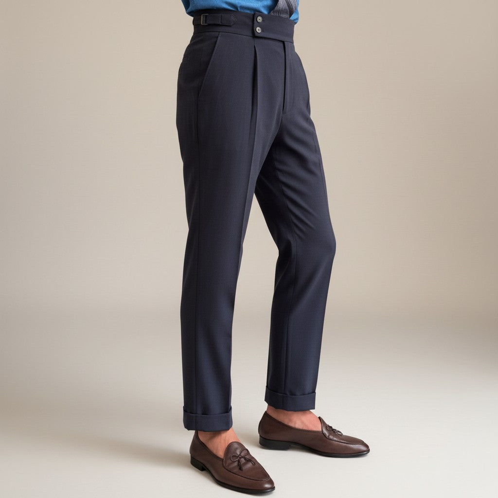 Silvorne Men's dark grey high-waist straight-leg trousers with double button closure and cuffed hem.