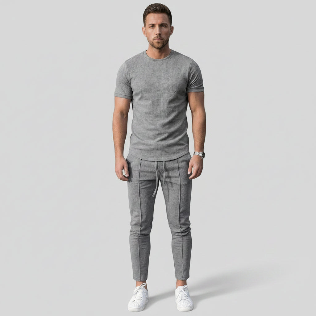 Silvorne men's grey textured knit 2-piece set with relaxed-fit t-shirt and matching slim-fit joggers.