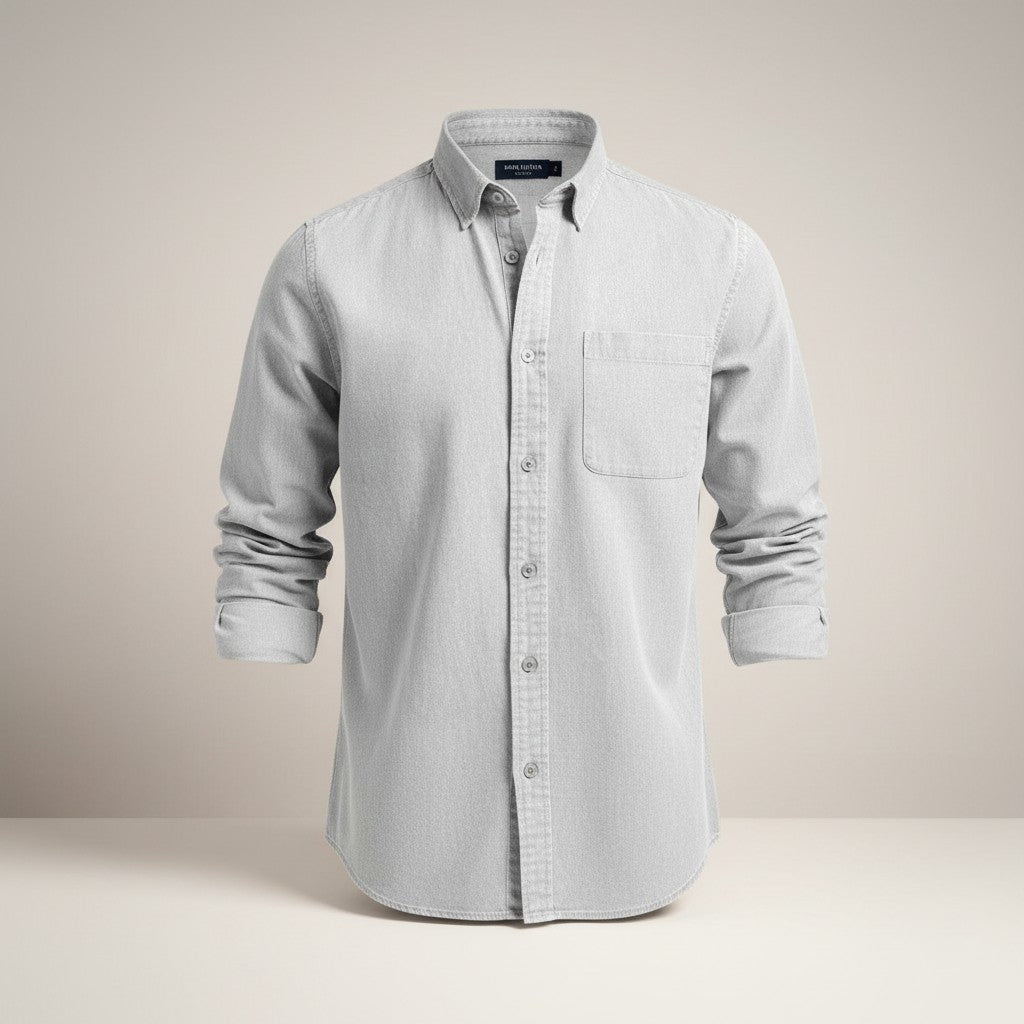 Silvorne men's light grey long-sleeve slim-fit button-up shirt with turn-down collar and chest pocket.
