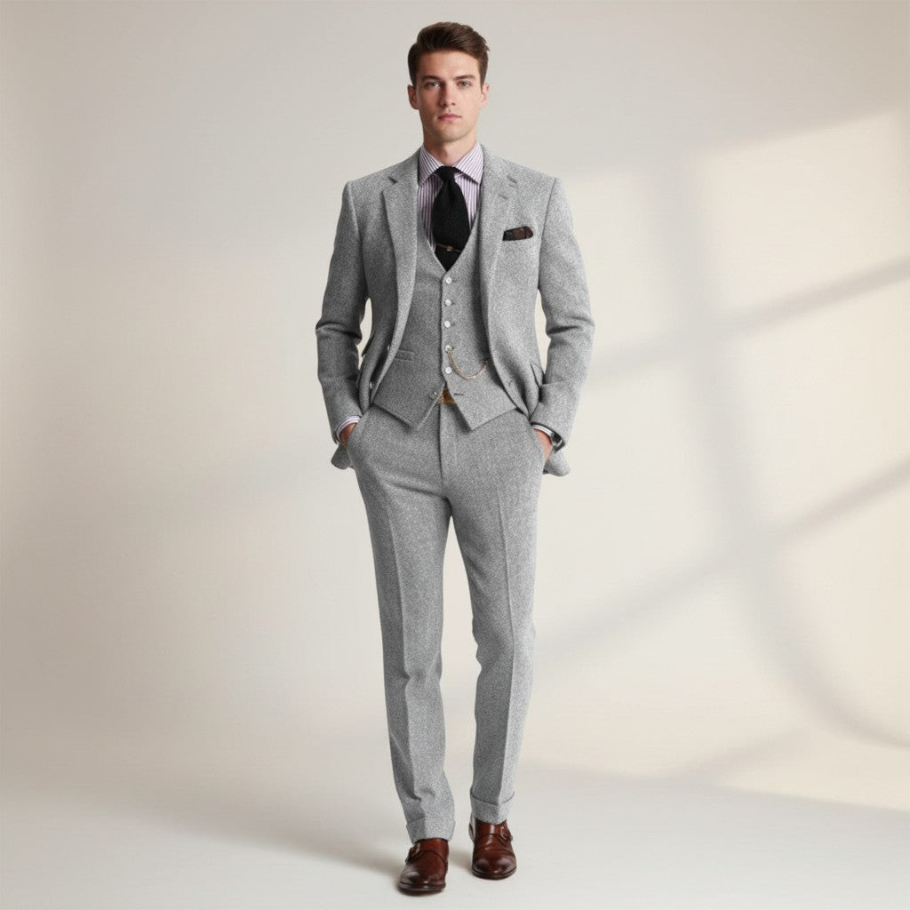 Silvorne Men's classic light grey tweed three-piece suit with a structured jacket, waistcoat, and tailored trousers.