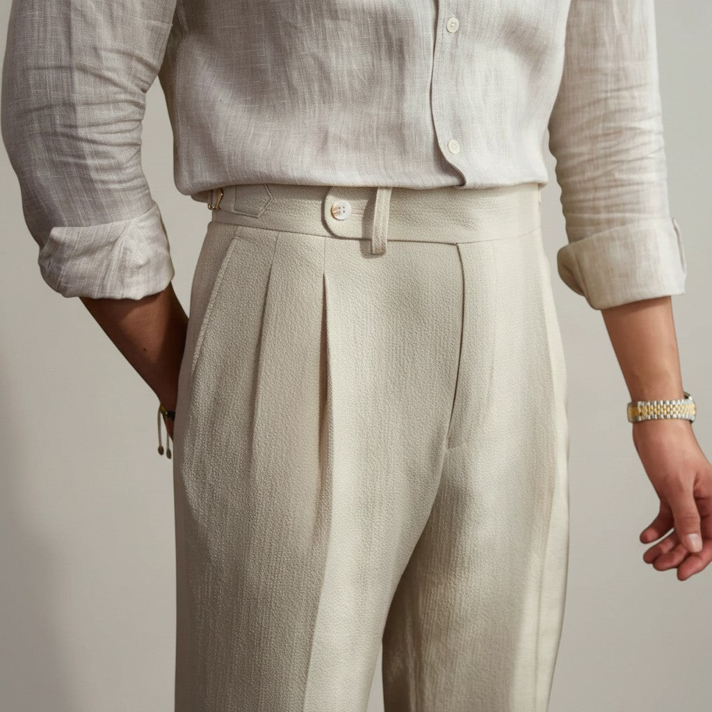 Silvorne men's light beige high-waist pleated trousers in woven fabric with a classic waistband and button closure.
