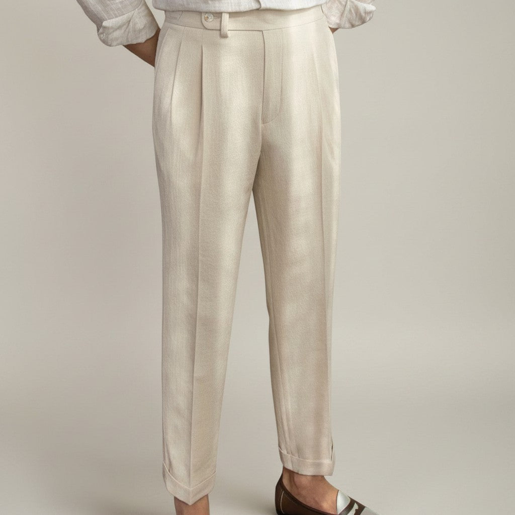 Silvorne men's light beige high-waist pleated trousers in woven fabric with a tailored fit and classic waistband.