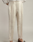 Silvorne men's light beige high-waist pleated trousers in woven fabric with a tailored fit and classic waistband.