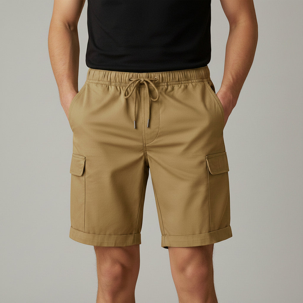 Silvorne men's khaki cargo shorts with drawstring waist, side pockets, and cuffed hems. Model is wearing a black t-shirt.