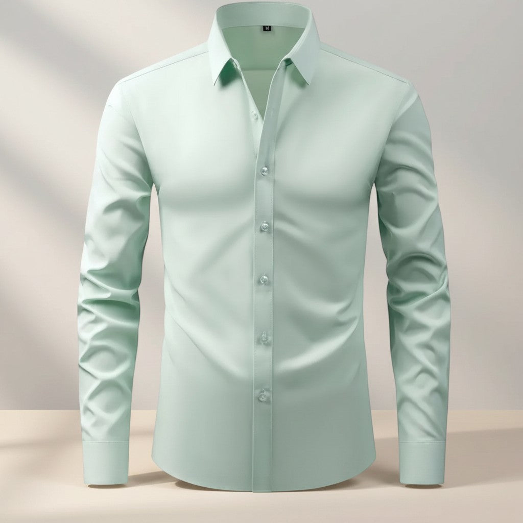 Silvorne Men's light mint green slim-fit long-sleeve dress shirt with stretch fabric and button-down closure.