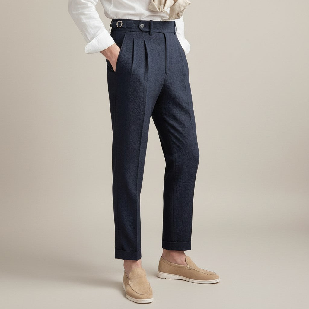 Silvorne Men's dark navy high-waist tailored trousers in woven fabric with pleats and a classic waistband.