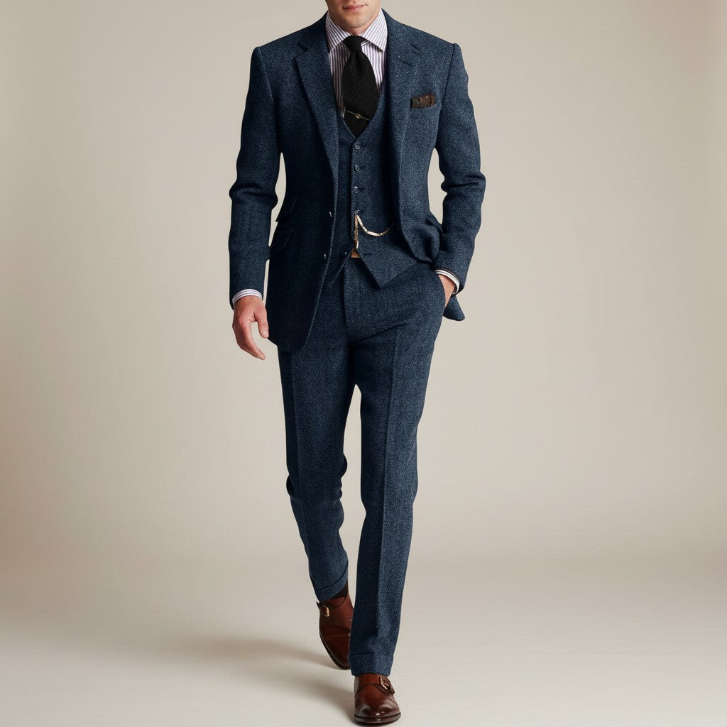Silvorne Men's classic three-piece navy blue tweed suit with a structured jacket, waistcoat, and tailored trousers. Features a textured finish and pocket watch.