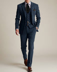 Silvorne Men's classic three-piece navy blue tweed suit with a structured jacket, waistcoat, and tailored trousers. Features a textured finish and pocket watch.