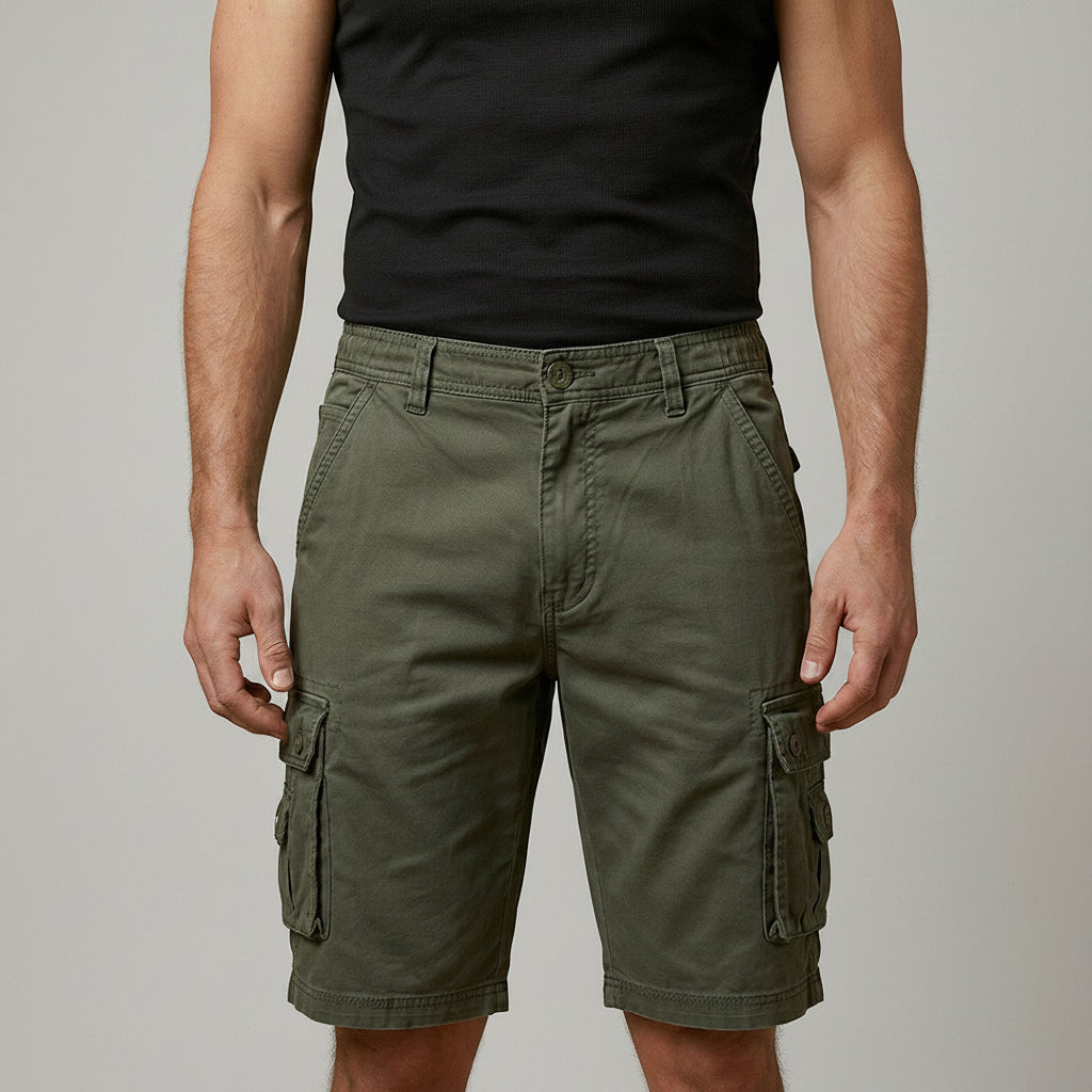Silvorne men's olive green cargo shorts with elasticated waist, button fastening, and multiple flap pockets. Knee-length design for ease of movement.