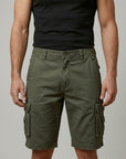 Silvorne men's olive green cargo shorts with elasticated waist, button fastening, and multiple flap pockets. Knee-length design for ease of movement.
