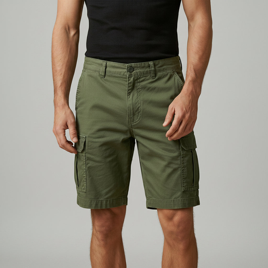 Silvorne men's olive green cargo shorts with multiple pockets and adjustable waistband, made from light fabric for warm weather.