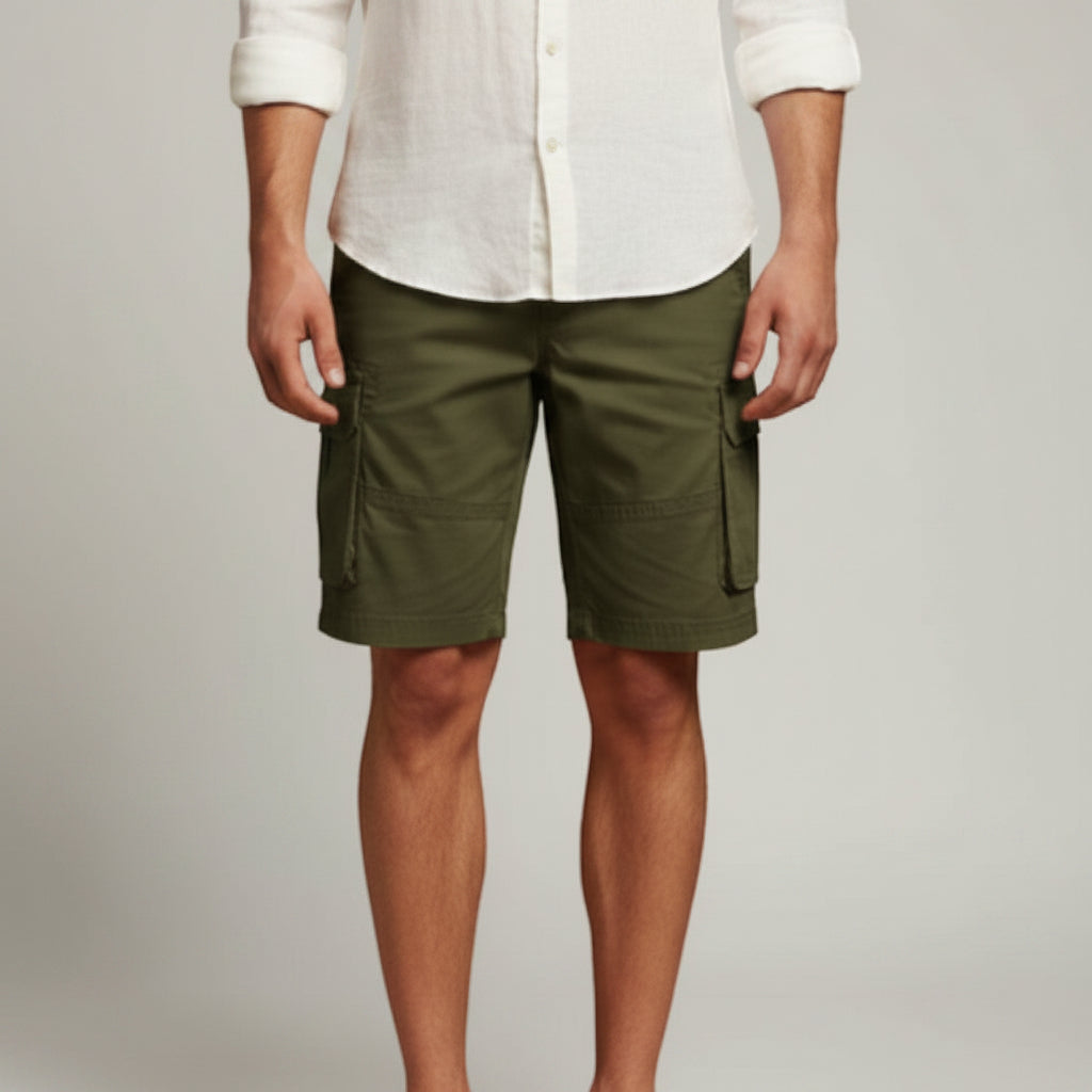 Silvorne men's olive green cargo shorts with flap pockets, belt loops, and knee-length fit.