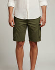 Silvorne men's olive green cargo shorts with flap pockets, belt loops, and knee-length fit.
