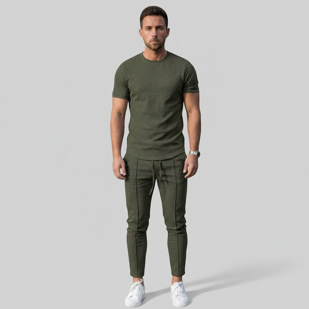 Silvorne men's olive green textured knit 2-piece set with relaxed fit top and matching slim-fit pants.