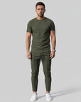 Silvorne men's olive green textured knit 2-piece set with relaxed fit top and matching slim-fit pants.