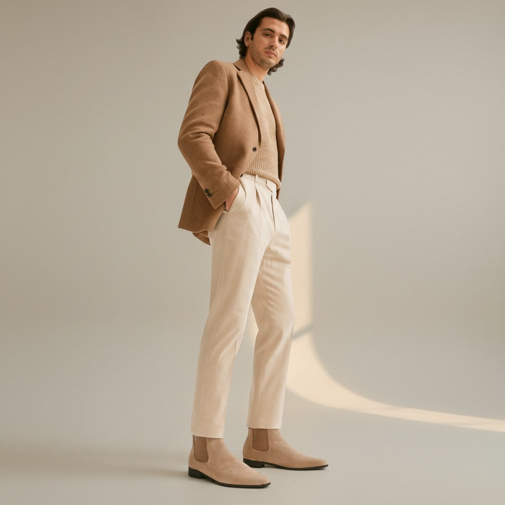 Silvorne men's tan suede square-toe Chelsea boots with elastic side panels and a discreet heel.