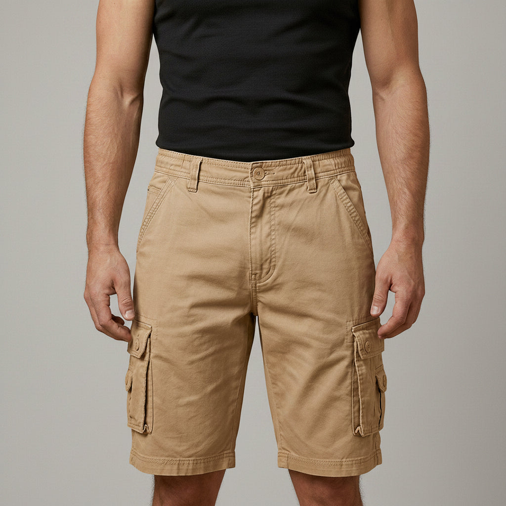 Silvorne men's tan cargo shorts with elasticated waist, button fastening, and multiple flap pockets. Knee-length design for ease of movement.