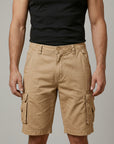 Silvorne men's tan cargo shorts with elasticated waist, button fastening, and multiple flap pockets. Knee-length design for ease of movement.