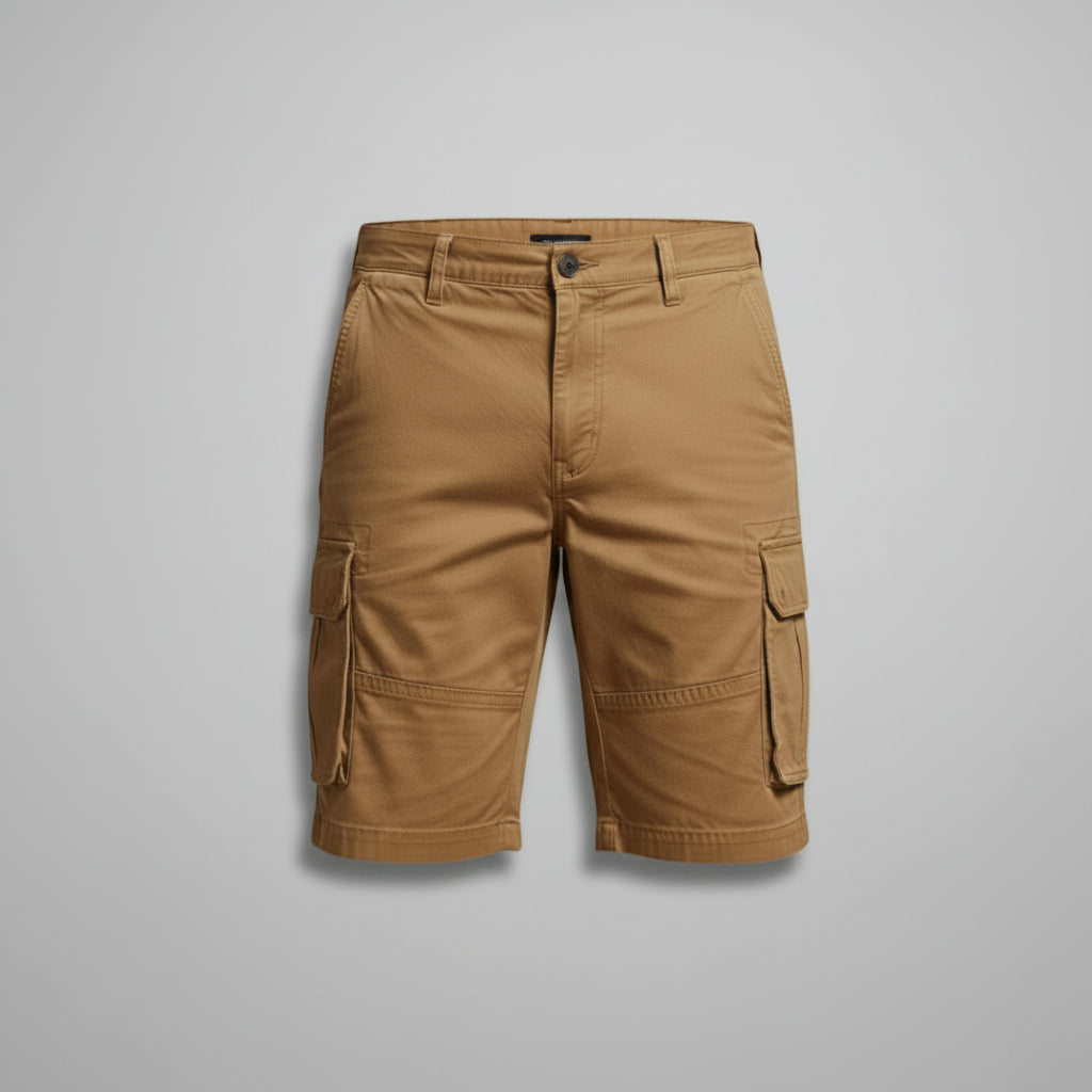 Silvorne men's tan cargo shorts with flap pockets, belt loops, and knee-length fit.