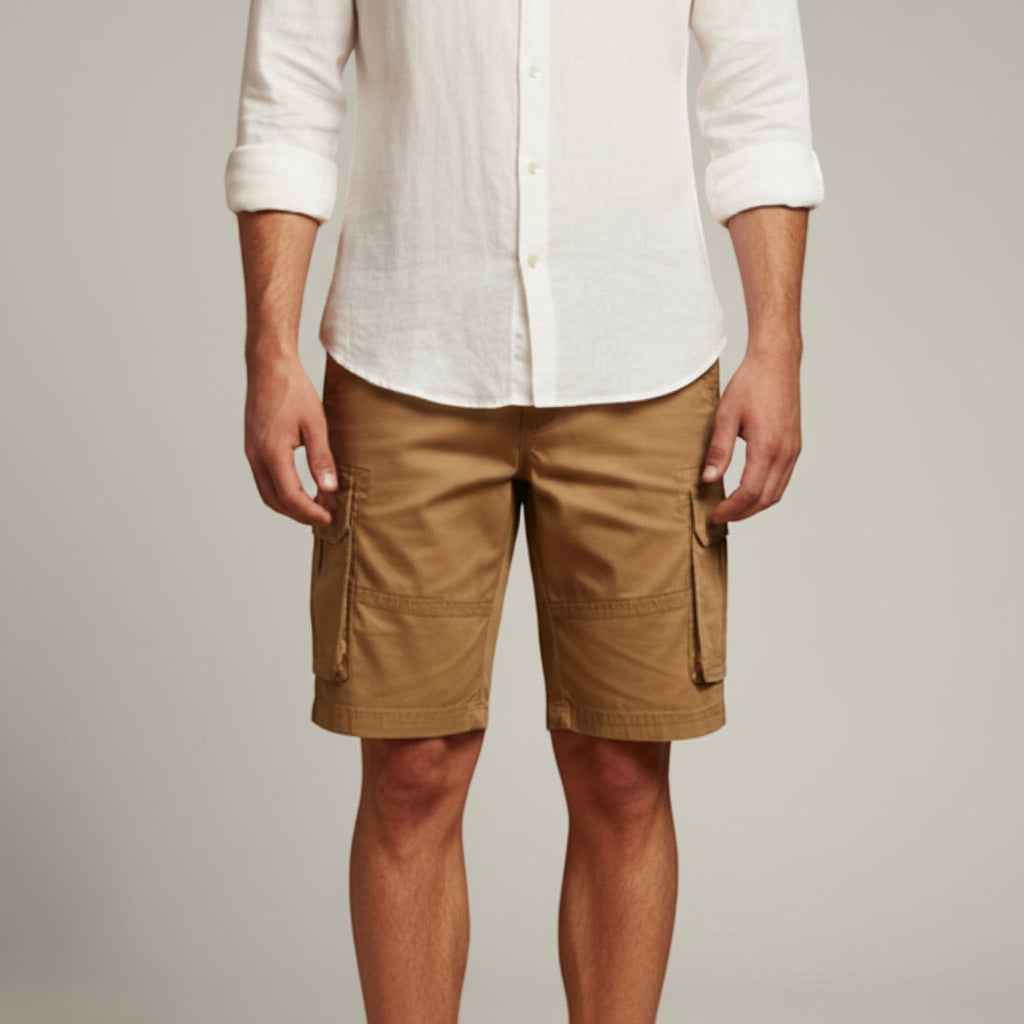 Silvorne men's tan cargo shorts with flap pockets, belt loops, and knee-length fit.