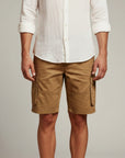Silvorne men's tan cargo shorts with flap pockets, belt loops, and knee-length fit.