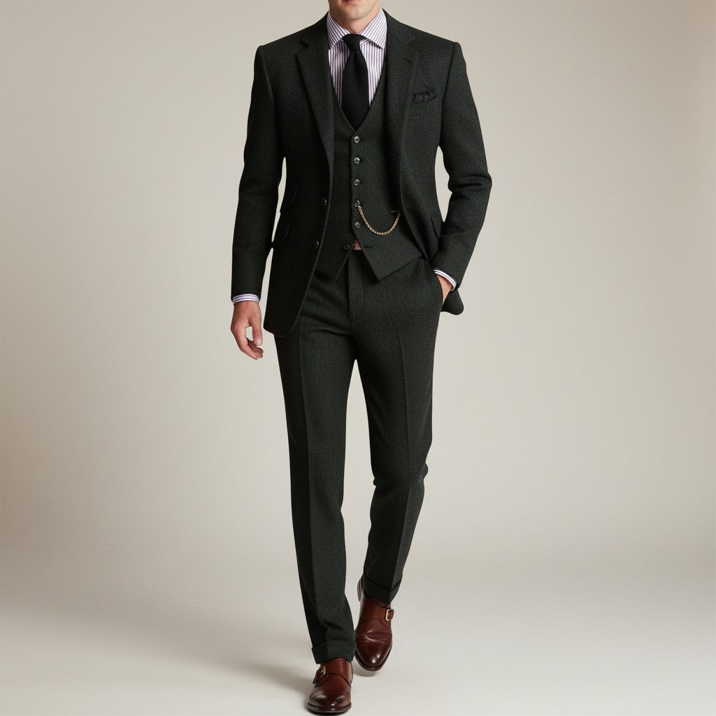Silvorne Men's classic dark green three-piece tweed suit with a structured jacket, waistcoat, and tailored trousers.