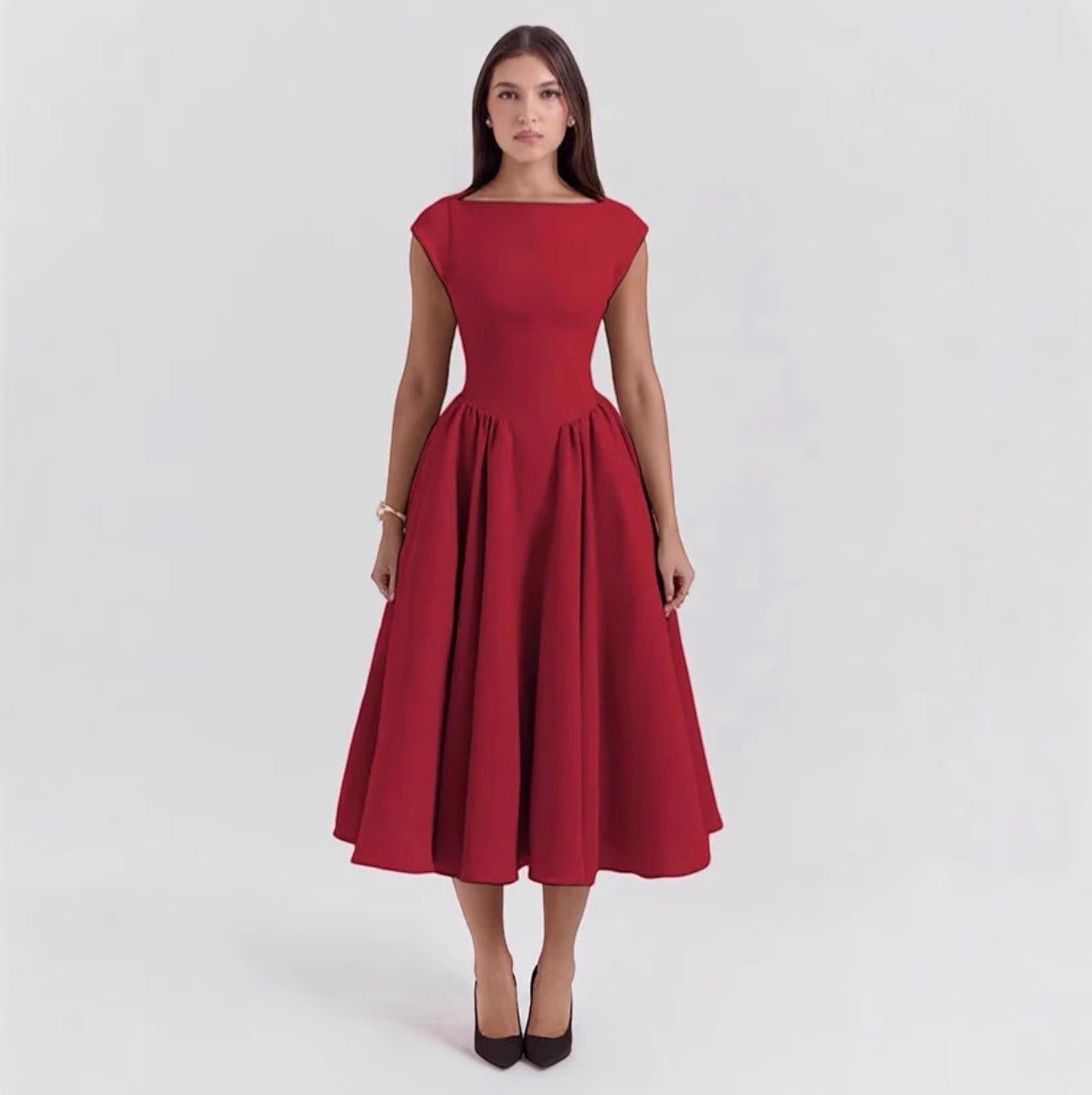 Elegant Midi Dress with Cap Sleeves &amp; Open Back Design for Timeless Style 8