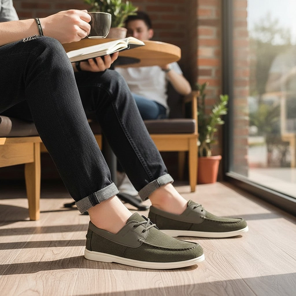 Silvorne mocasines de ante verde para hombre, suela plana, cómodos y antideslizantes.