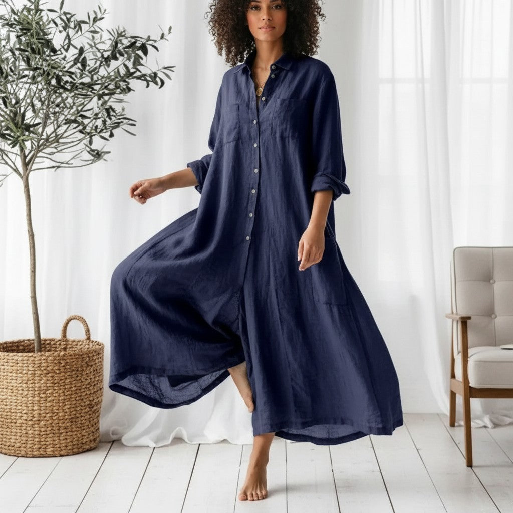 Silvorne mono de lino de algodón azul marino de manga larga para mujer, holgado y transpirable para verano.
