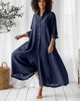 Silvorne mono de lino de algodón azul marino de manga larga para mujer, holgado y transpirable para verano.
