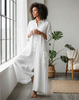 Silvorne mono blanco de algodón y lino, holgado, de manga larga, para verano, con cuello vuelto y bolsillos.