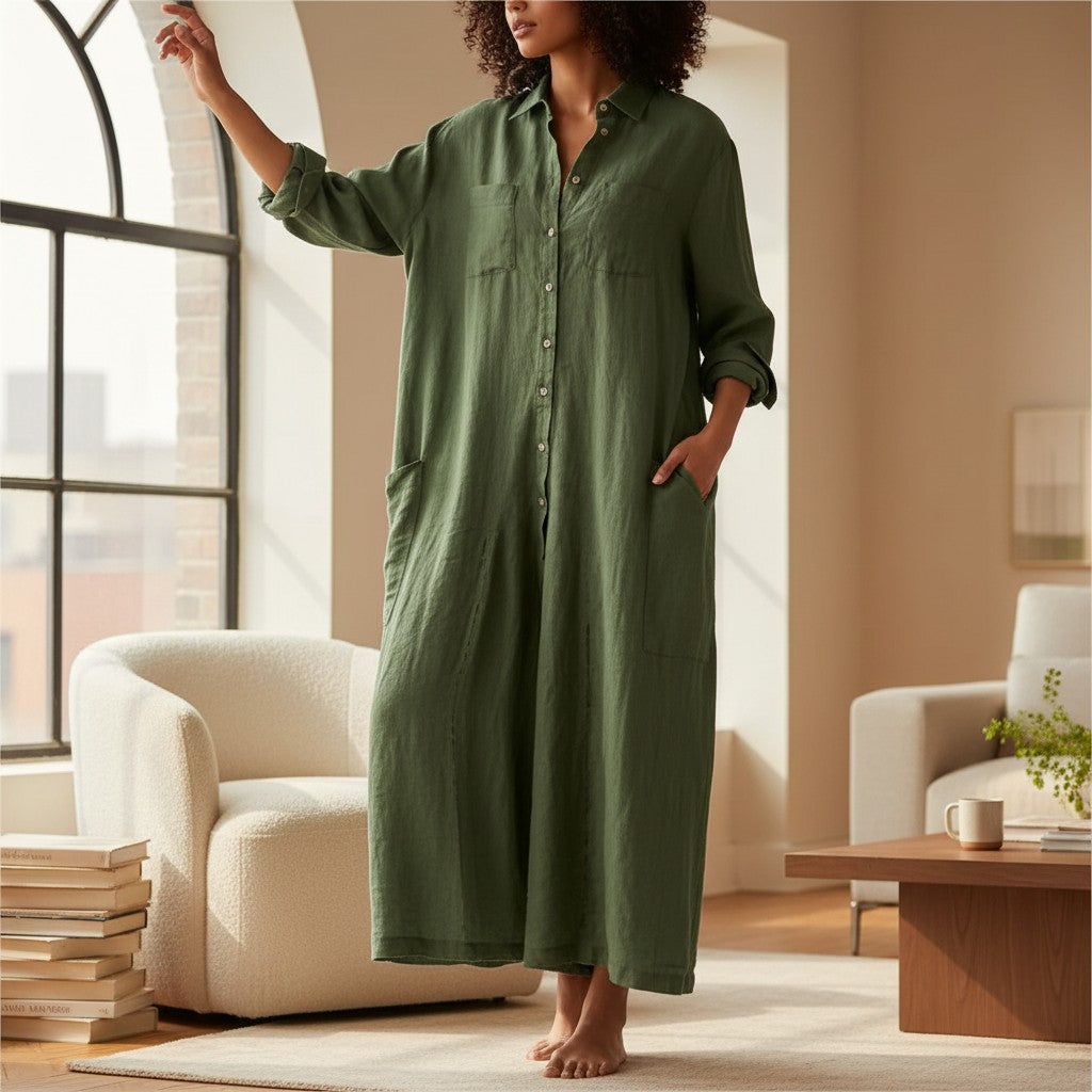 Silvorne mono verde de algodón y lino para mujer, holgado, de manga larga, con cuello vuelto y bolsillos, para verano.
